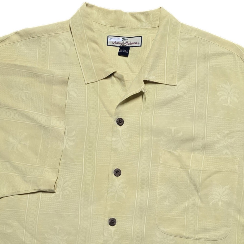 Tommy Bahama Butter Yellow Silk‎ Jacquard Tropics Camp Shirt Mens L